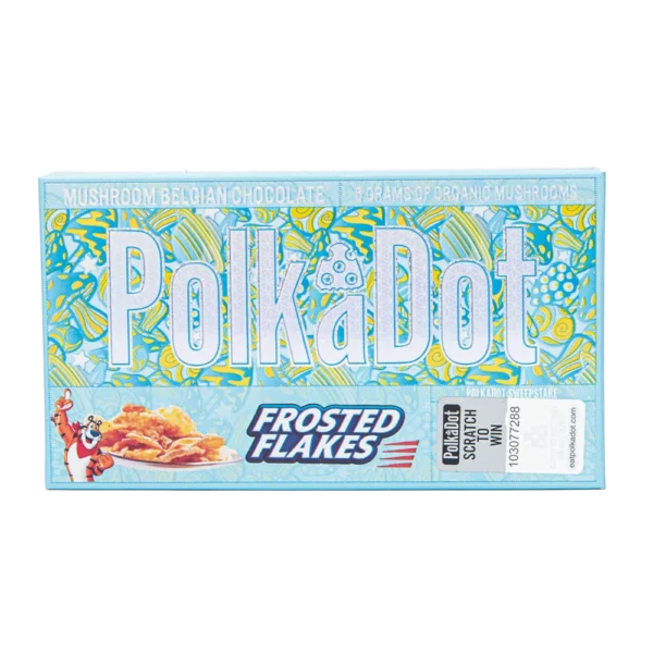 Relish in the rich, creamy chocolate and satisfying crunch of frosted flakes in our Polkadot Frosted Flakes Chocolate Bar. A perfect treat for all.