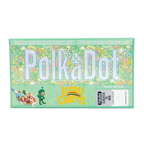 Polkadot Lucky Charms Chocolate blends nostalgic Lucky Charms cereal with creamy Belgian white chocolate for a magical and delightful flavor experience.