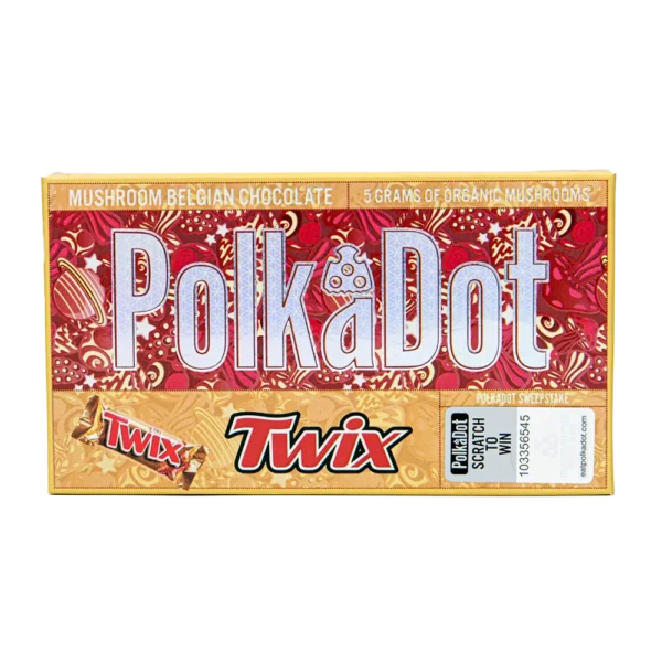 Polkadot Twix Chocolate Bar is an indulgent mix of biscuit, caramel, Belgian chocolate, and magic mushrooms for a magical experience.