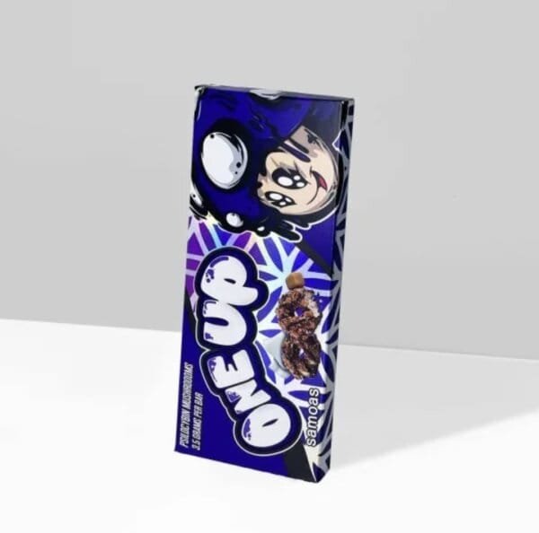 "One Up Samoas Mushroom Chocolate Bar combines the iconic flavors of caramel, coconut, and chocolate with the benefits of functional mushrooms, offering a delicious, energy-boosting treat that supports focus and wellness."